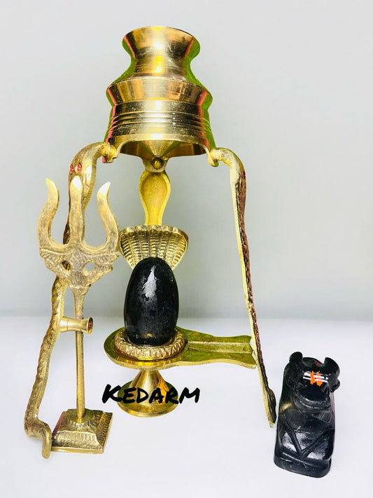 narmadeshwar shivling with brass jalhari  full full set (nandi ji , nang ji , trishul , water stan)
