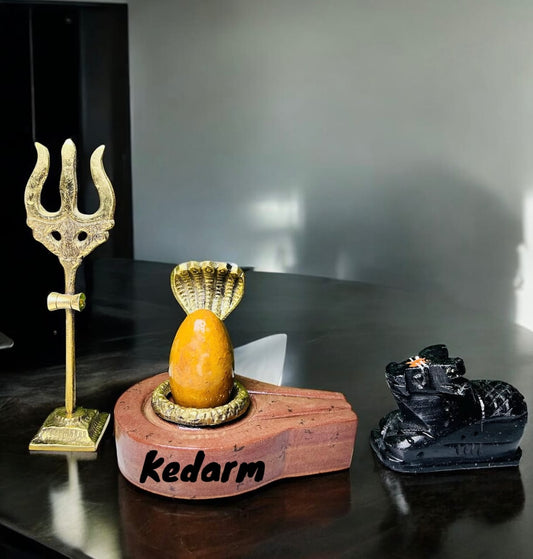 2inch chandan color narmadeshwar shivling with 4inch narmadeshwar jalhari  jalhari(base) ,nand ji , nang ji , trishul